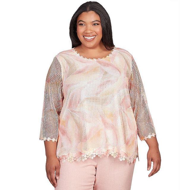 Plus Size Alfred Dunner Floral Ombre Long Sleeve Mesh Top, Womens Pink Product Image