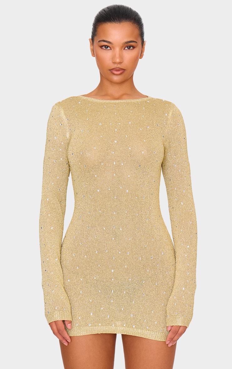 Gold Lurex Knit Gem Detail Open Back Mini Dress Product Image