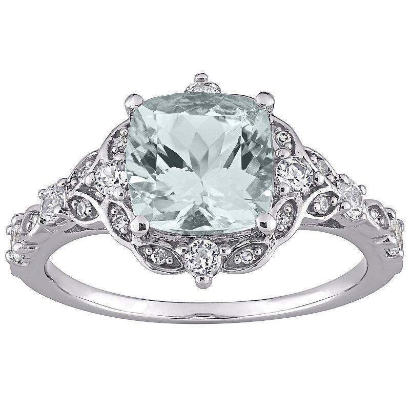 Stella Grace 14k White Gold Aquamarine, White Sapphire & Diamond Accent Vintage Halo Ring, Womens Blue Product Image