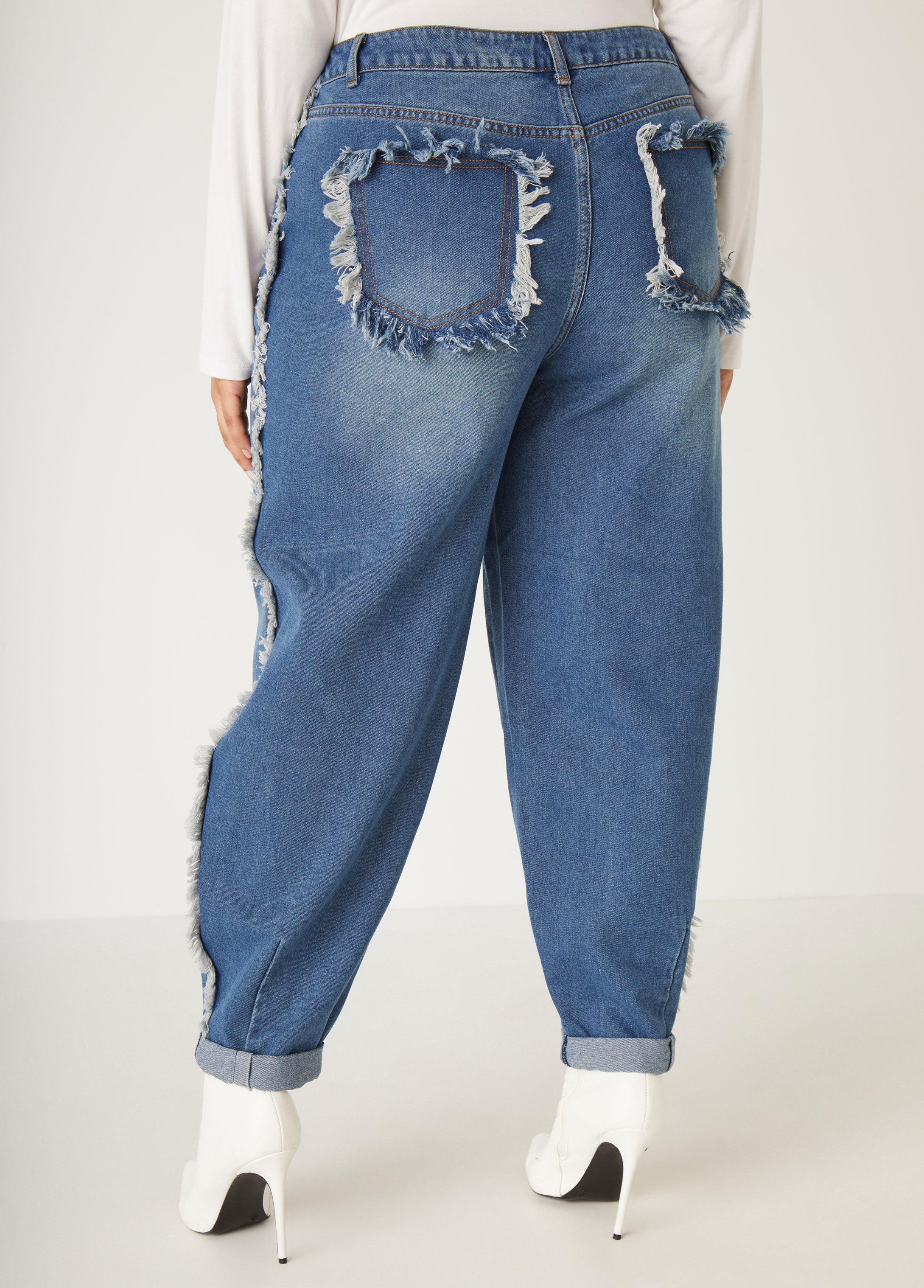 Mid Rise Frayed Barrel Jeans Product Image