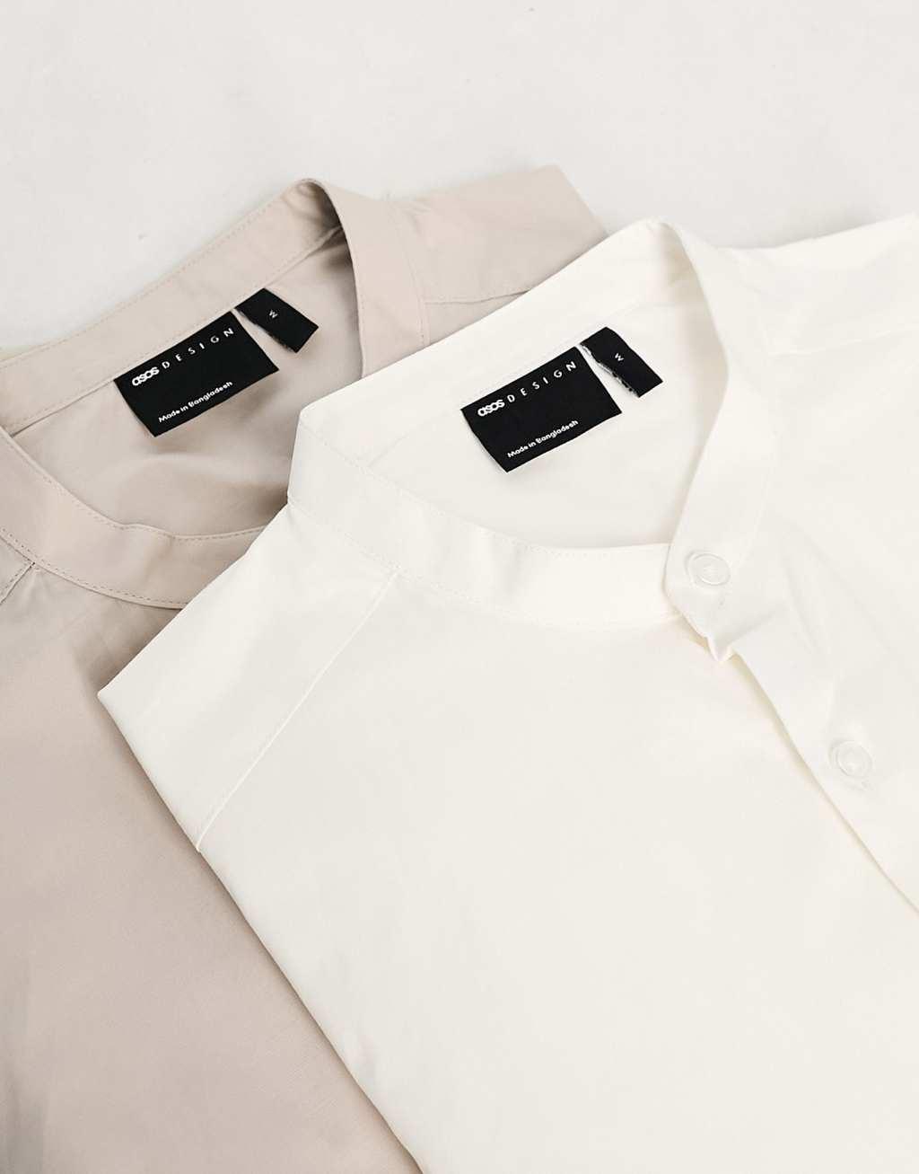 ASOS DESIGN 2 pack skinny shirt with band collar in white/taupe Product Image