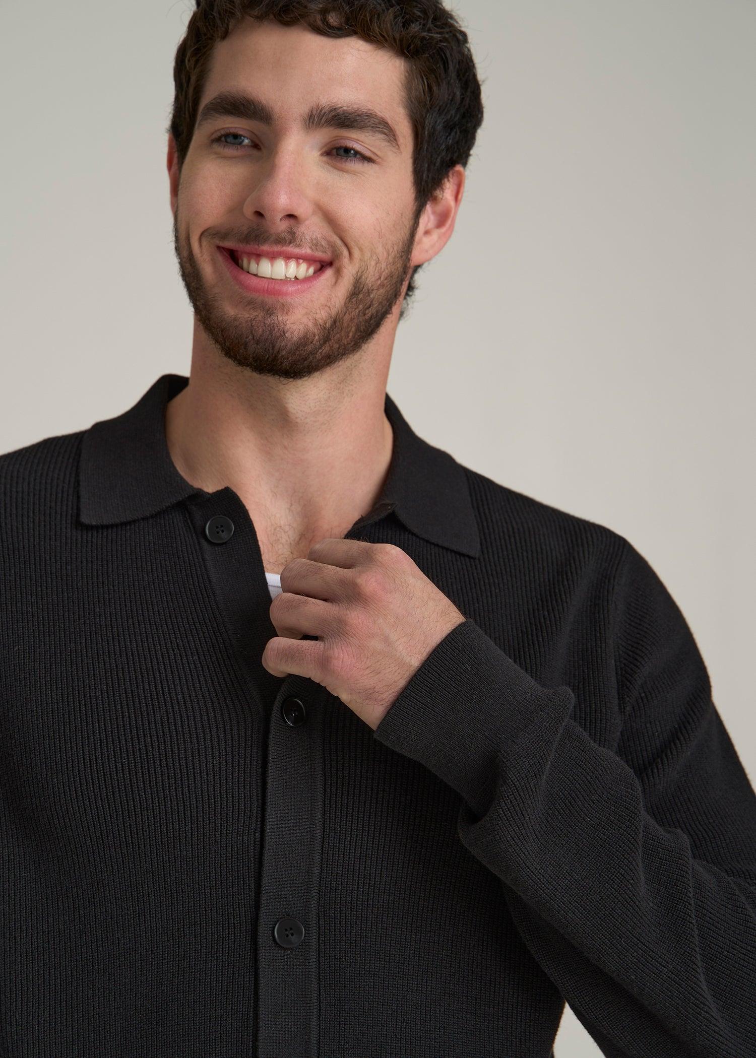 Sweater Polo Cardigan for Tall Men in Black Product Image