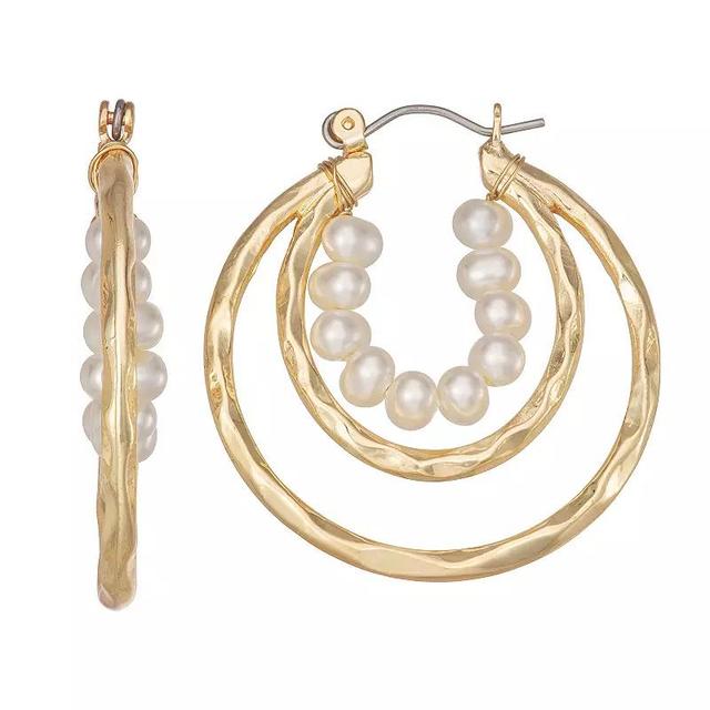 Sonoma Goods For Life Gold Tone Hammered Simulated Pearl Hoop Earrings, Womens, None Product Image