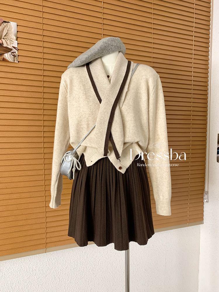 Set: Round Neck Plain Cardigan + Contrast Trim Scarf Product Image