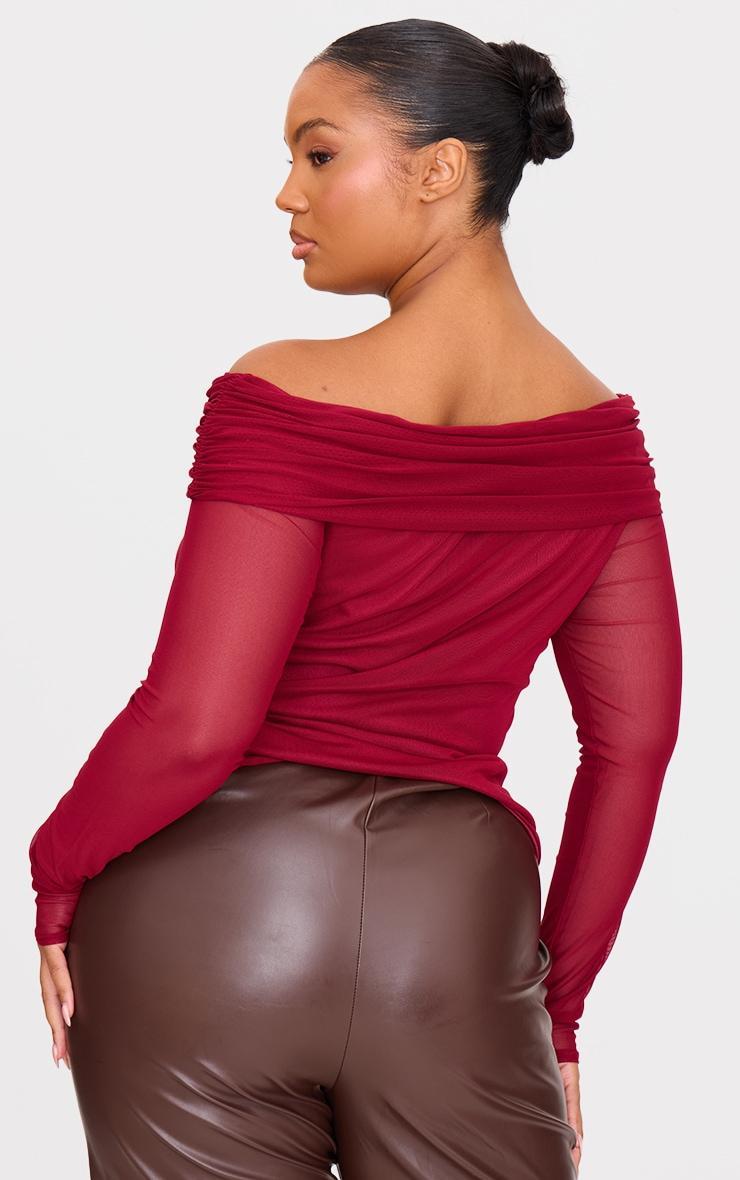 Plus Burgundy Cut Out Bardot Long Sleeve Top Product Image