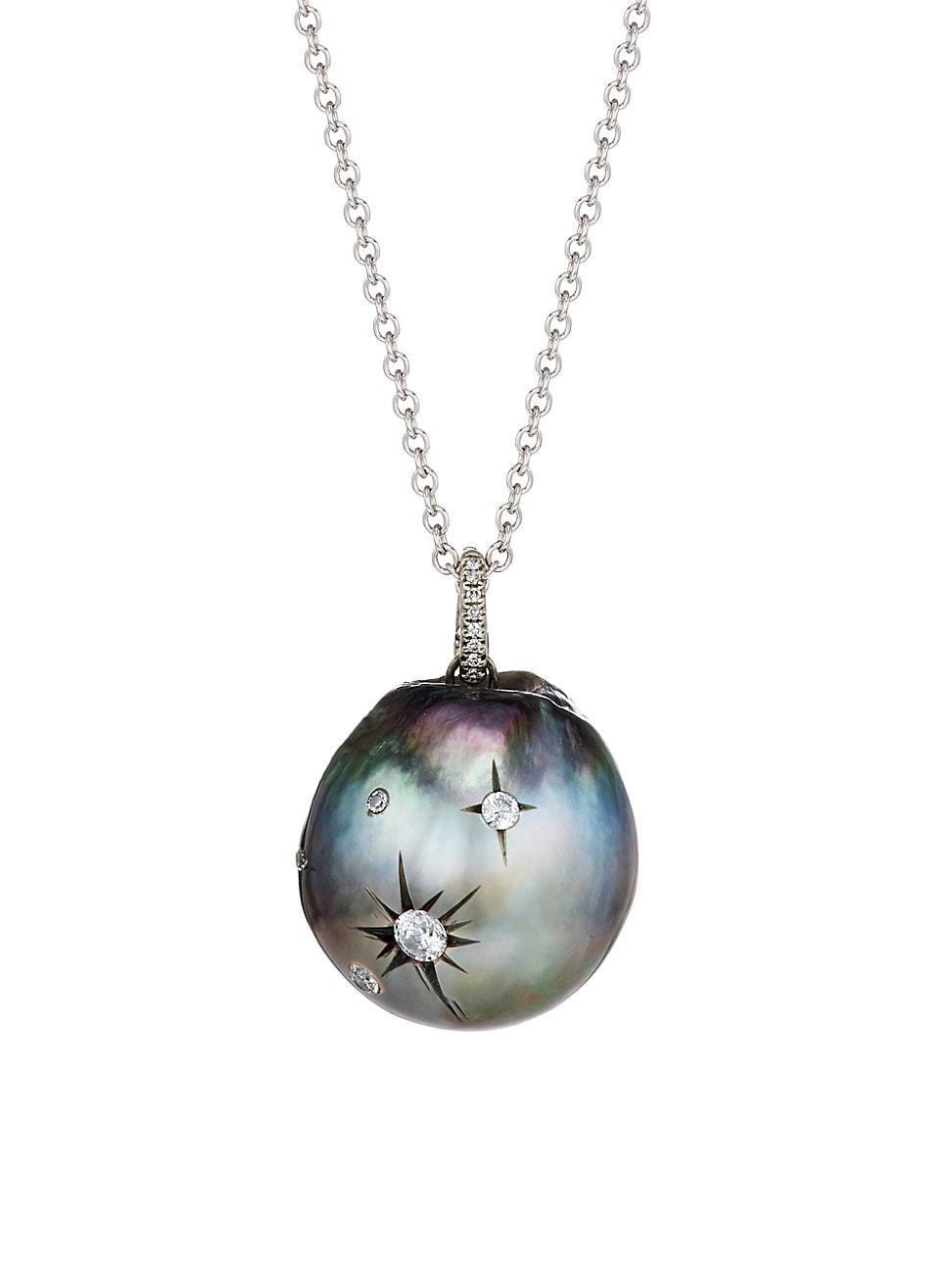 Womens 18K White Gold, 17MM Tahitian Pearl, & Diamond Pendant Necklace Product Image