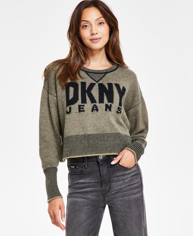 Dkny Jeans Womens Crewneck Long-Sleeve Logo Sweater - Black Product Image