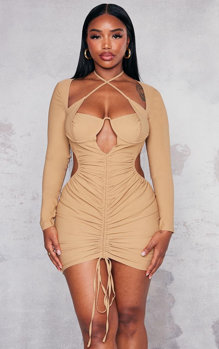 Shape Camel Woven Under Bust Ruched Cut Out Bodycon Dress Product Image