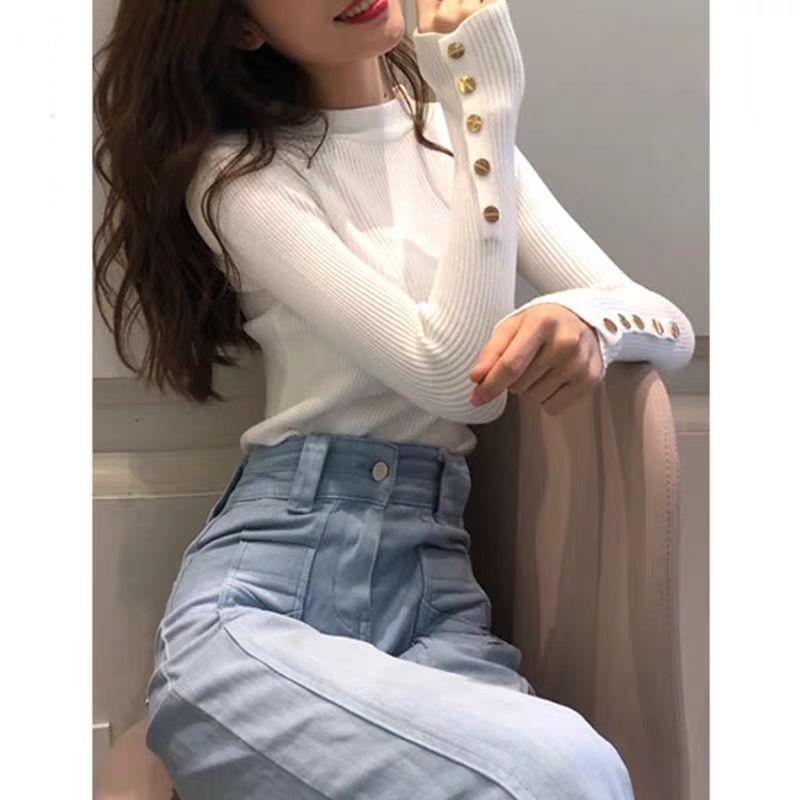 Long Sleeve Mock Neck Plain Button Ribbed Knit Top Product Image