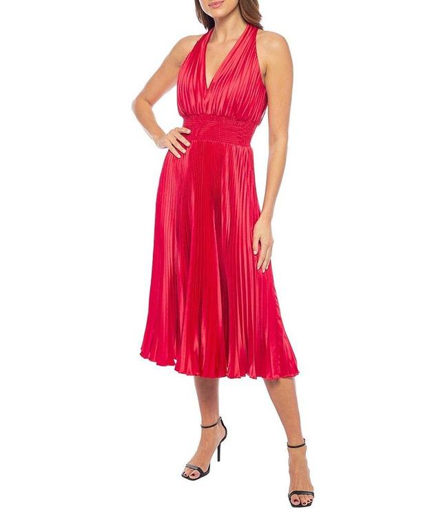 Marina Charmeuse Pleated Halter V-Neck Sleeveless A-Line Dress Product Image