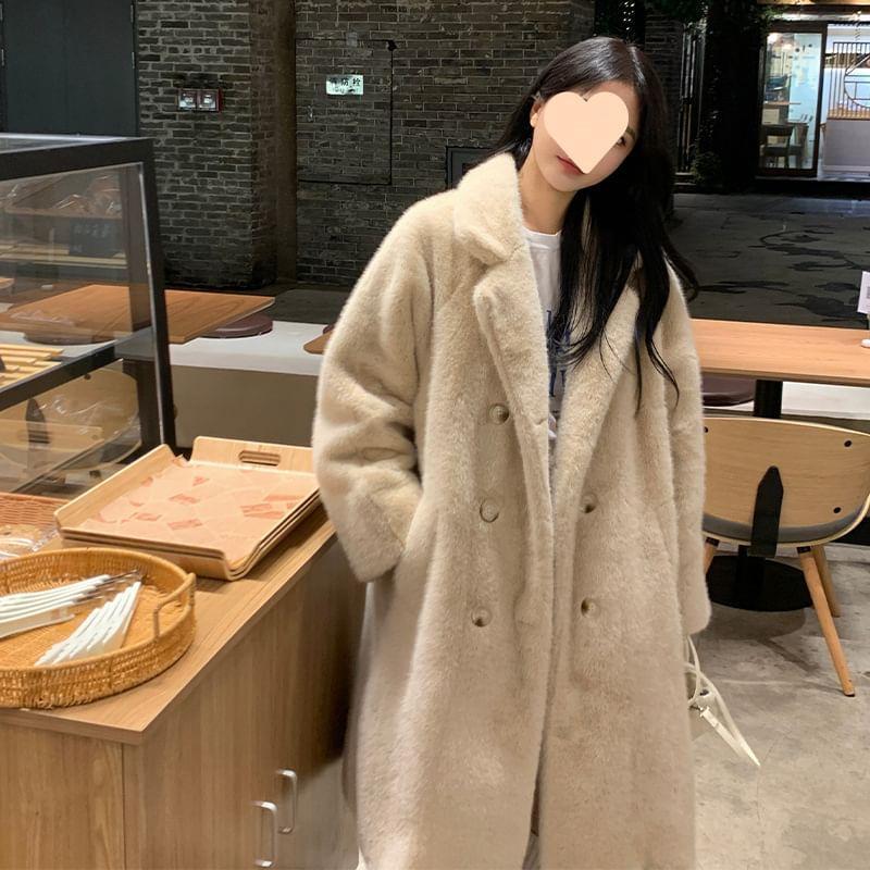 Plain Faux Fur Midi Double-Breasted Coat Product Image