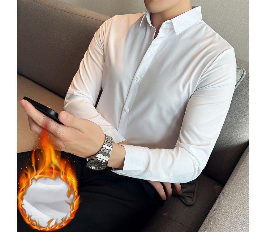 Long-Sleeve Plain Fleece-Lined Slim-Fit Shirt Product Image