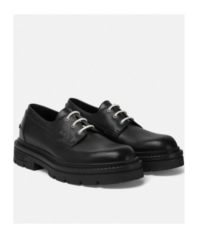 VERSACE Logo-lettering Leather Shoes In Black Product Image