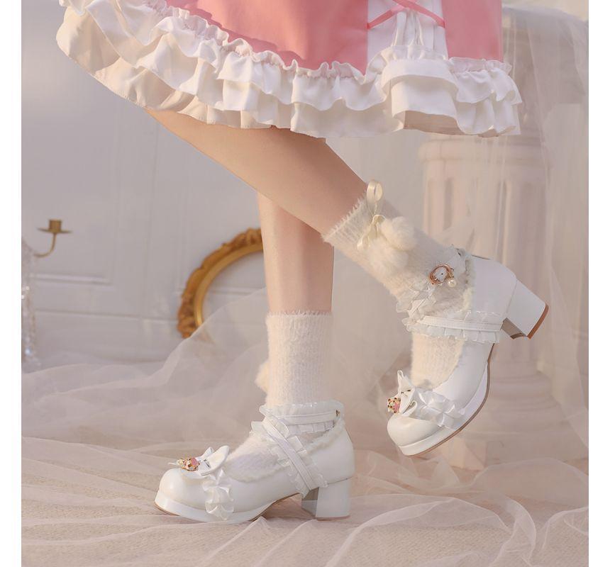 Block Heel Ankle Strap Bow Accent Frill Trim Mary Jane Pumps product image