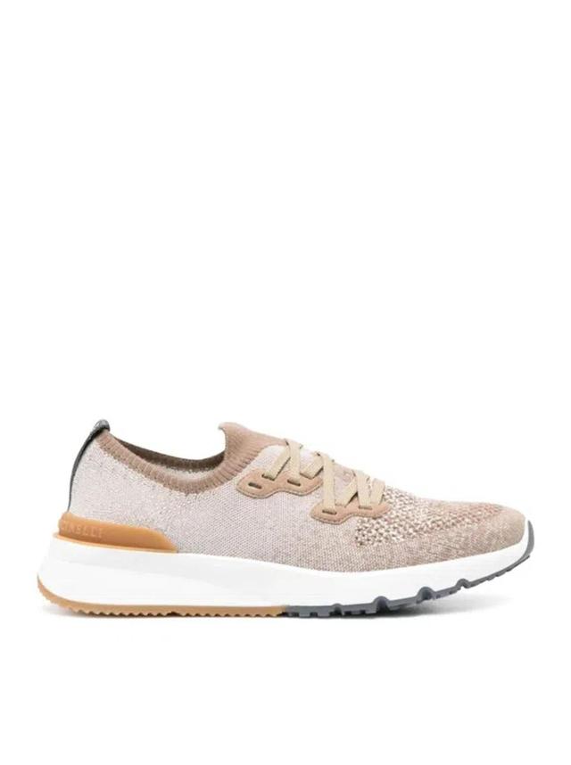 Mesh-panel Lace-up Sneakers In Beige Product Image