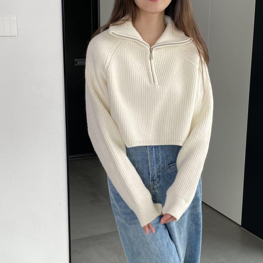 Turtleneck Half Zip Plain Ribbed Knit Crop Sweater Product Image