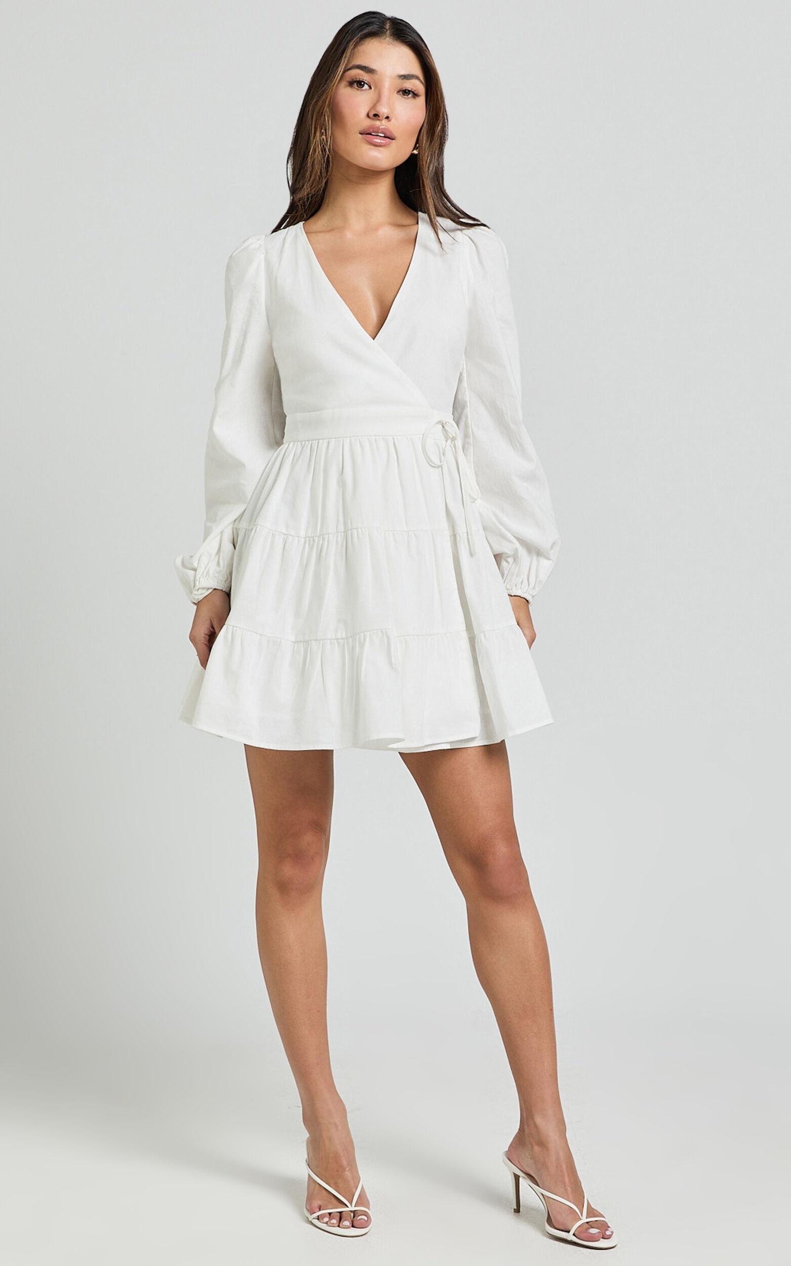 Brenda Mini Dress - Long Puff Sleeve Wrap Linen Blend Dress in Ivory Product Image