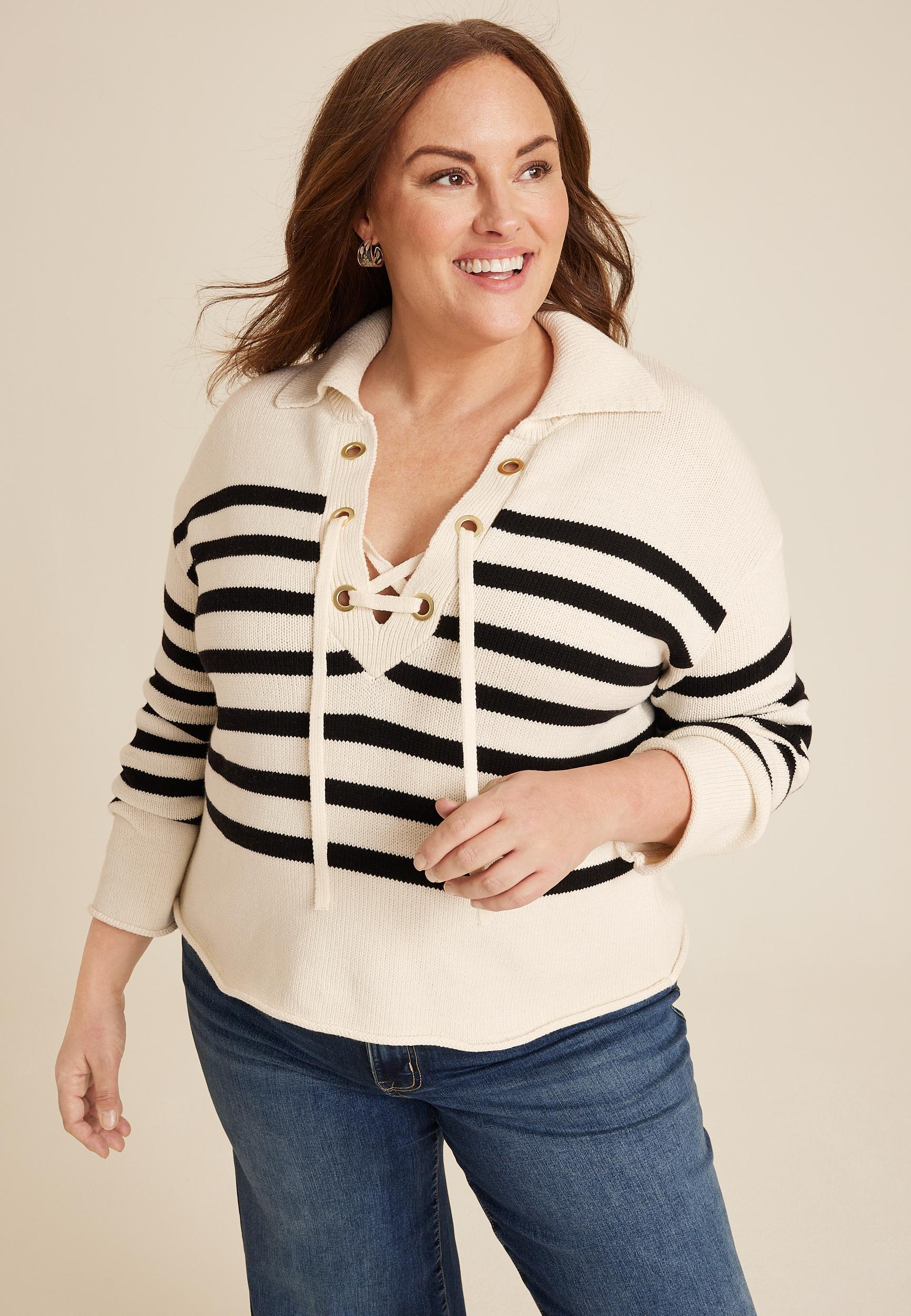 Maurices Plus Size Womens Stripe Lace Up Collared Sweater White Size 4X Product Image