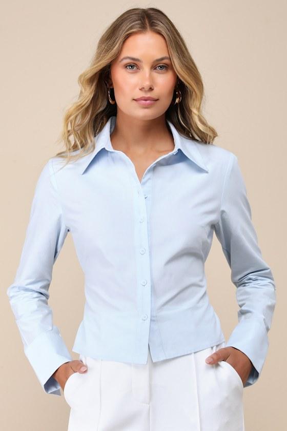 Majorly Charming Light Blue Collared Button-Up Tie-Back Top Product Image