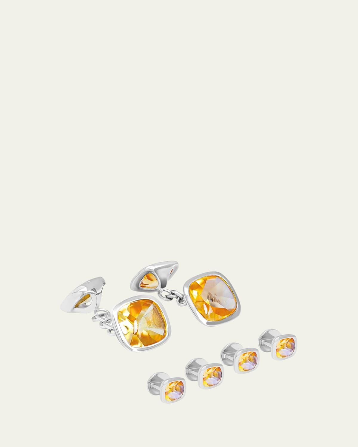 Mens Silver Citrine Cufflinks and Shirt Studs Set Product Image