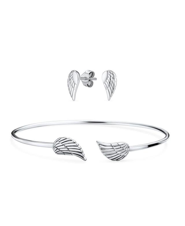 Bling Jewelry Delicate Spiritual Guardian Angel Wing Feather Stud Earrings Cartilage Ear Lobe And Bangle Cuff Bracelet For Women Sterling Silver - Sil Product Image