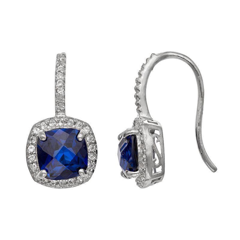 Sterling Silver Lab-Created Blue and White Sapphire Halo Drop Earrings, Womens Product Image