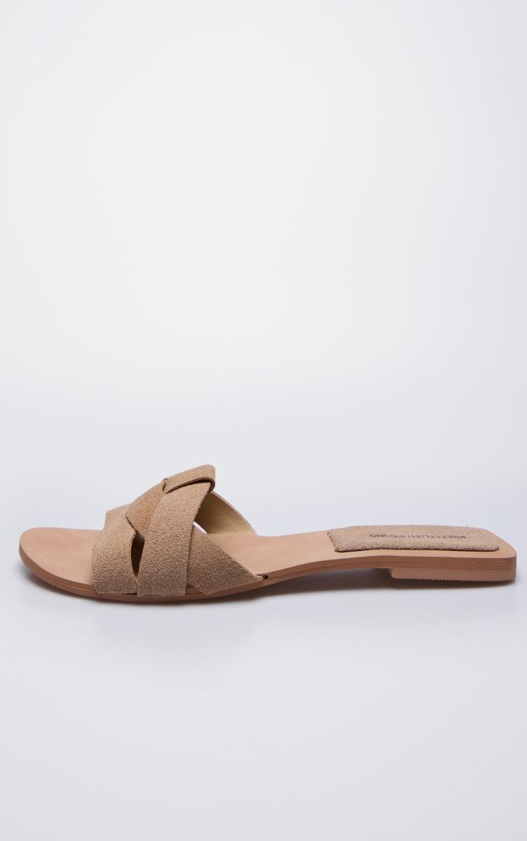 Beige Faux Suede Round Toe Flat Mule Sandals Product Image