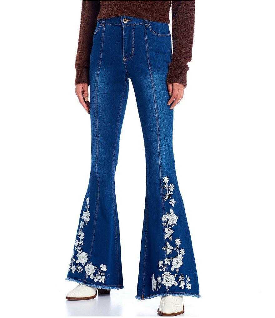 Mid Rise Embroidered Flare Jeans Product Image