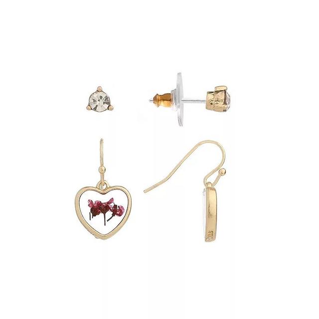 Bella Uno Worn Gold Cubic Zirconia Stud & Pink Pressed Flower Heart Dangle Earring 2-piece Set, Womens, Gold Tone Product Image