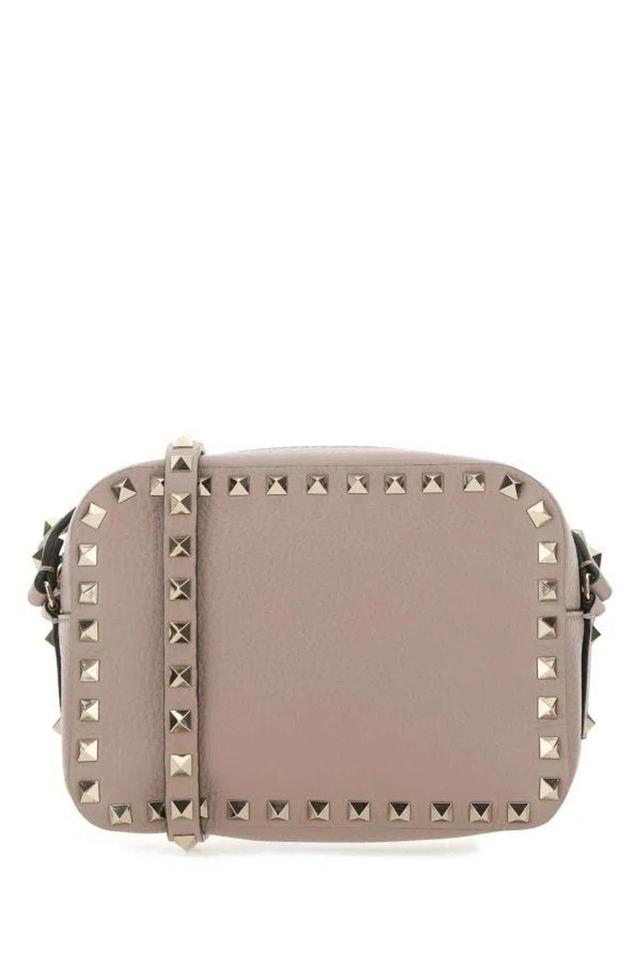 Woman Antiqued Pink Leather Rockstud Crossbody Bag Product Image