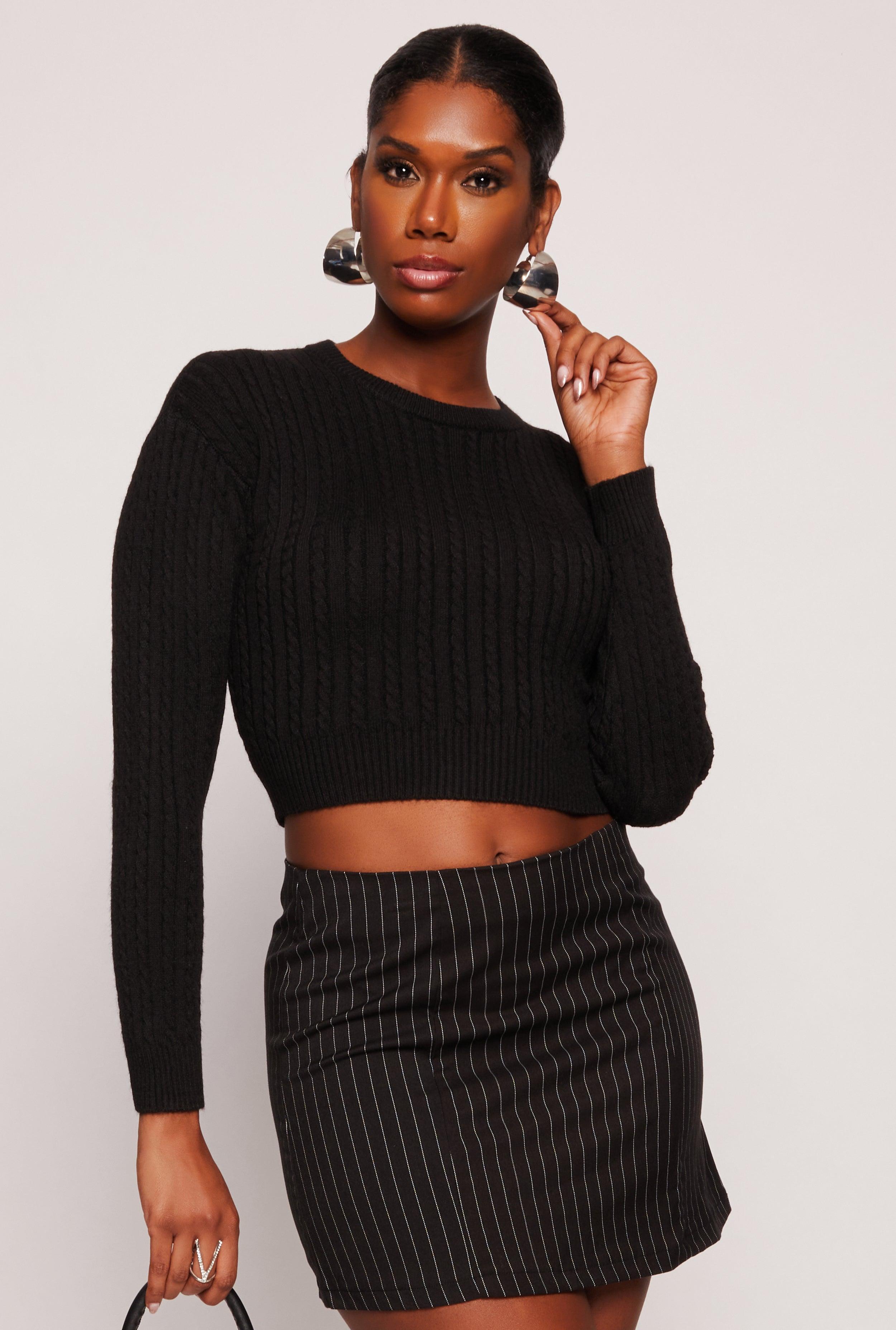 Womens Cable Knit Crew Neck Cropped Sweater Product Image