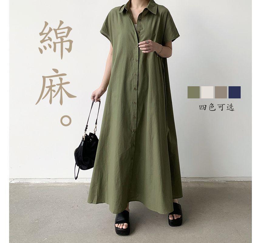 Short-Sleeve Collared Plain Maxi A-Line Shirt Dress Product Image