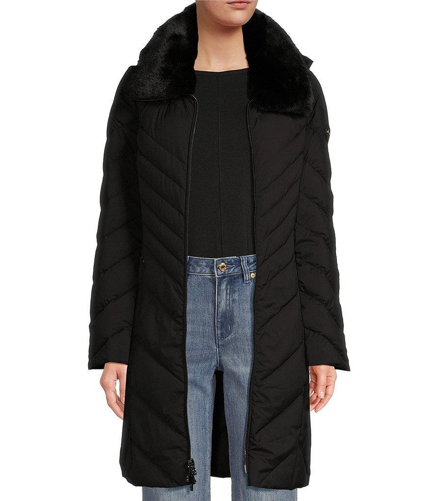 MICHAEL Michael Kors Faux Fur Notch Lapel Long Sleeve Chevron Pattern Walker Puffer Coat Product Image