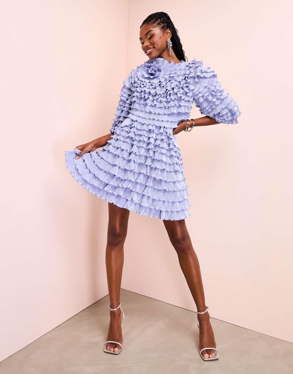 ASOS LUXE extreme ruffle skater mini dress in light blue Product Image