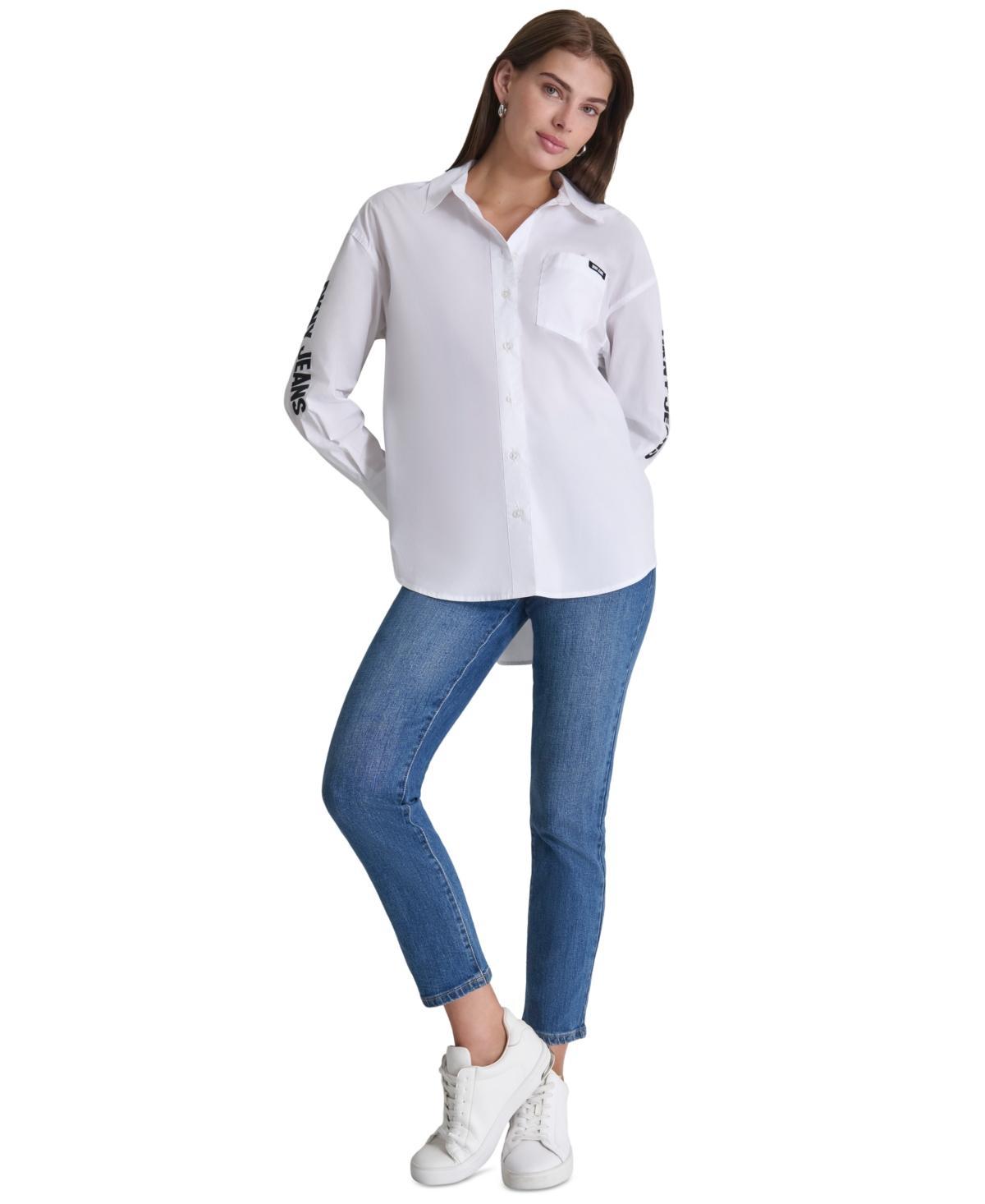 Dkny Jeans Womens Cotton Embroidered-Logo Shirt - WHITE Product Image