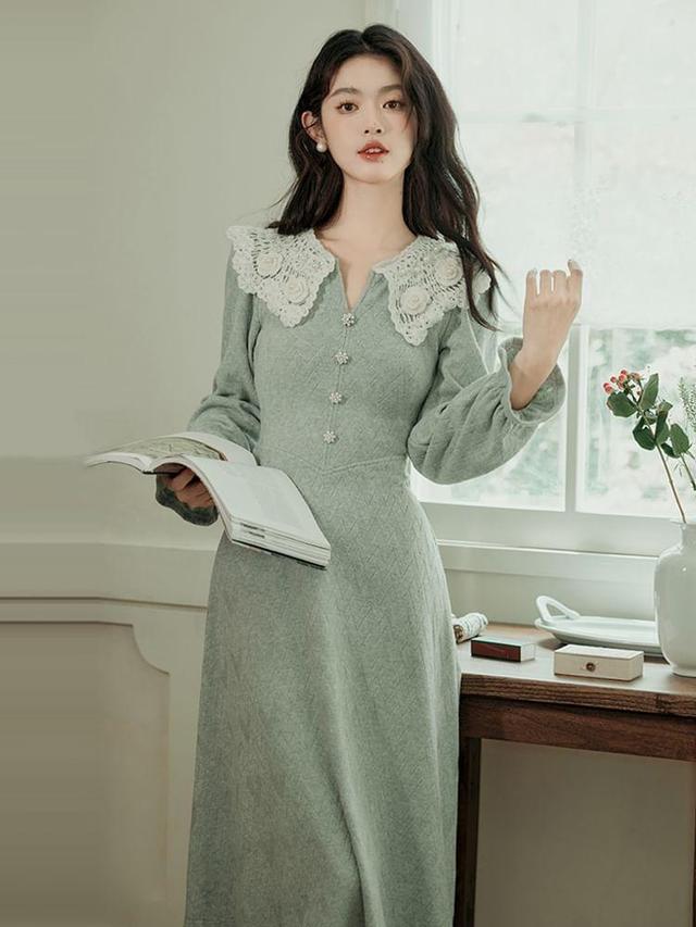 Long Sleeve Crochet Collar Faux Pearl Button Maxi A-Line Dress Product Image