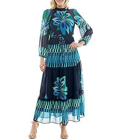 Maison Tara Long Sleeve Mock Neck Floral Tie Waist Maxi Dress Product Image