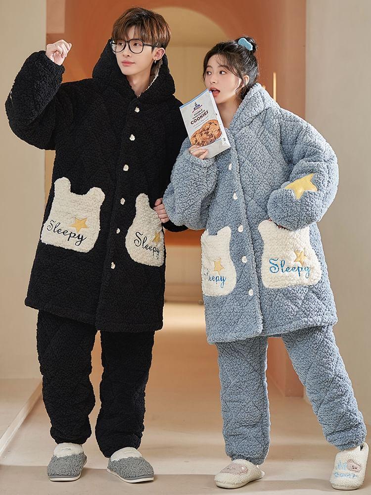 Couple Matching Pajama Set: Cartoon Patterned Hood Coral Fleece Button Jacket + Straight Leg Pants Product Image