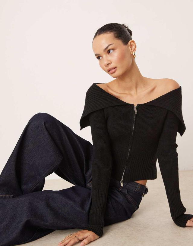 Gina Tricot ribbed knit zip front cardigan with off-shoulder collar in black Product Image