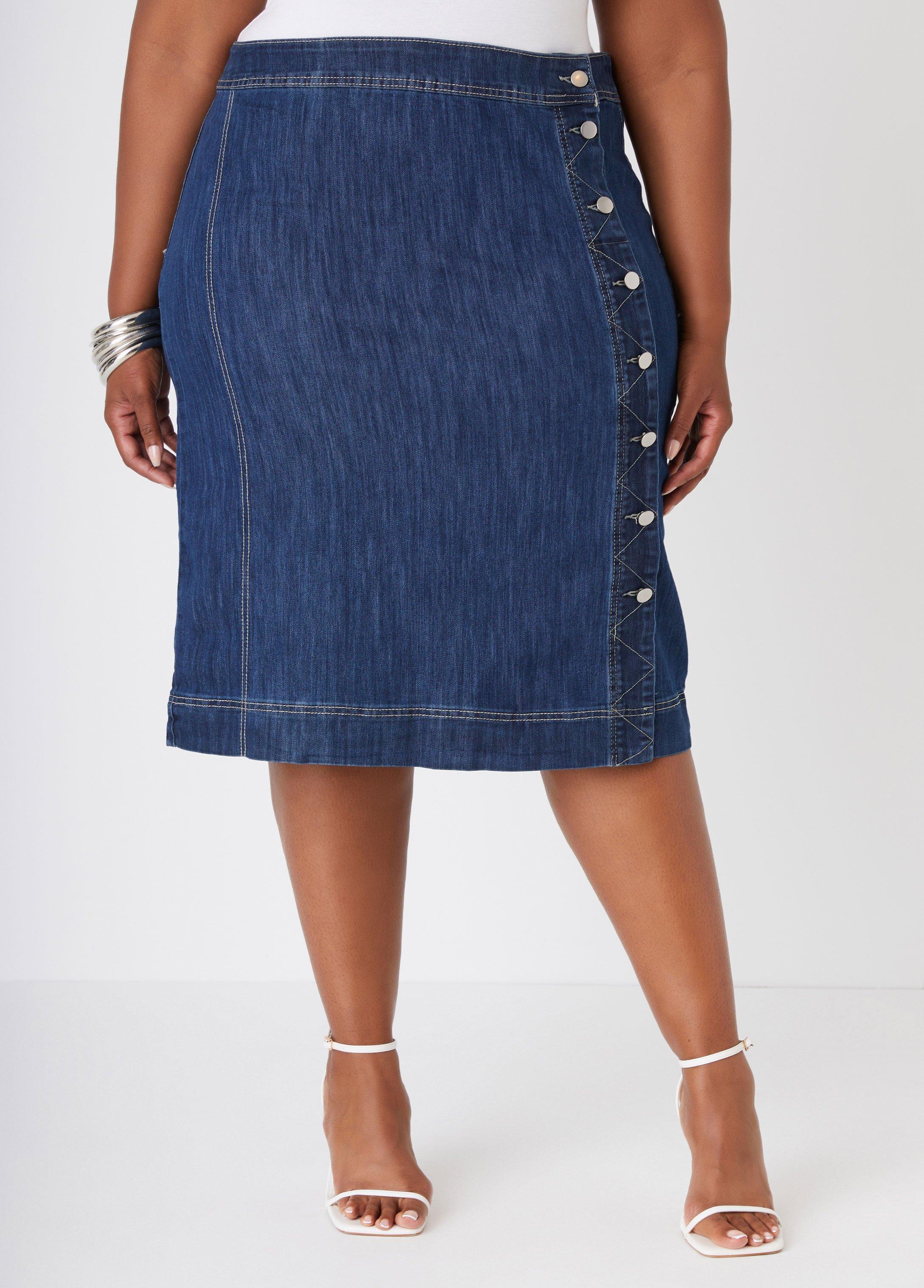 Plus Size Buttoned Denim Pencil Skirt Ashley Stewart Product Image