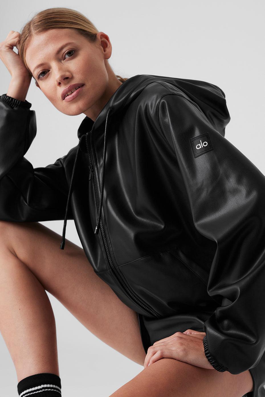 Faux Leather Power Hour Full Zip Cropped Jacket - Black Product Image