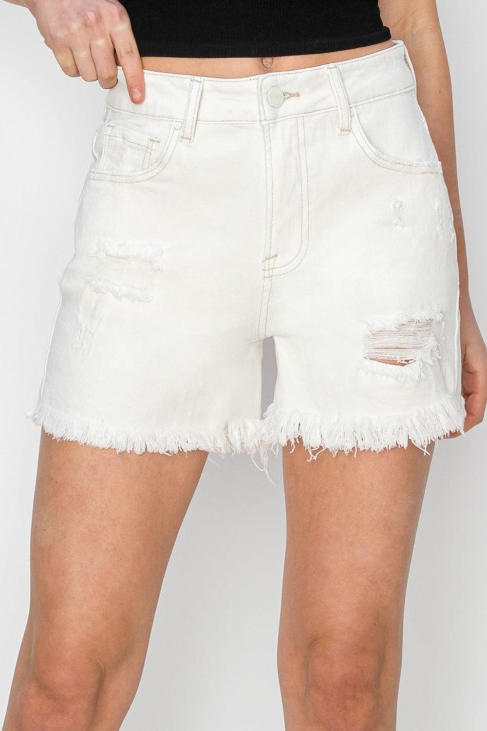 Risen White High Waist Ripped Denim Shorts Product Image