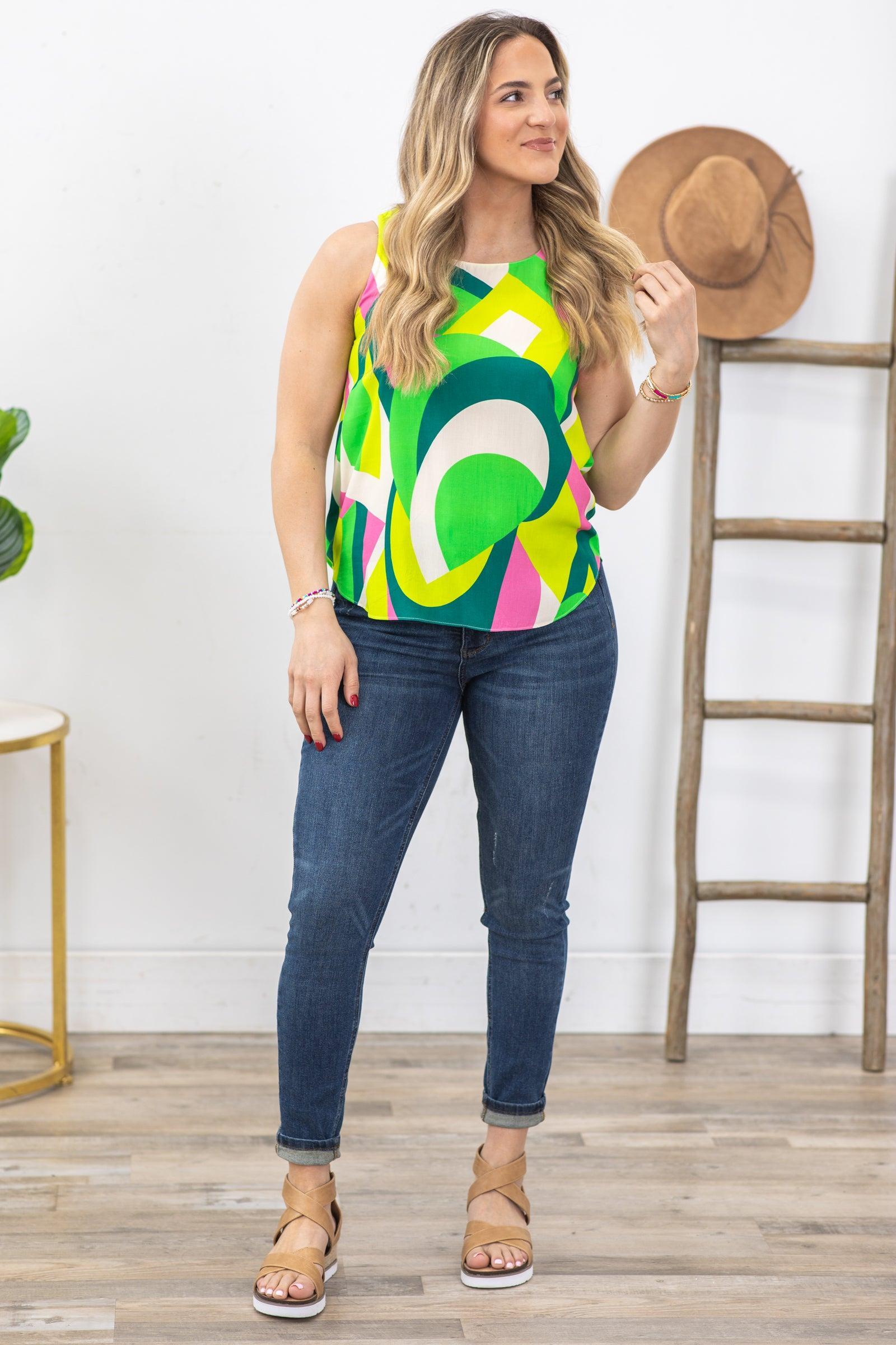 Green Multicolor Geo Print Woven Top Product Image