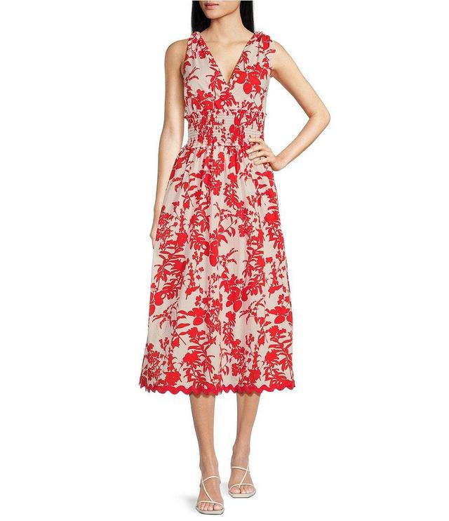 Adelyn Rae Floral Tie Shoulder V-Neck Sleeveless Smocked Waist Scalloped Trim Midi A-Line Dress Product Image