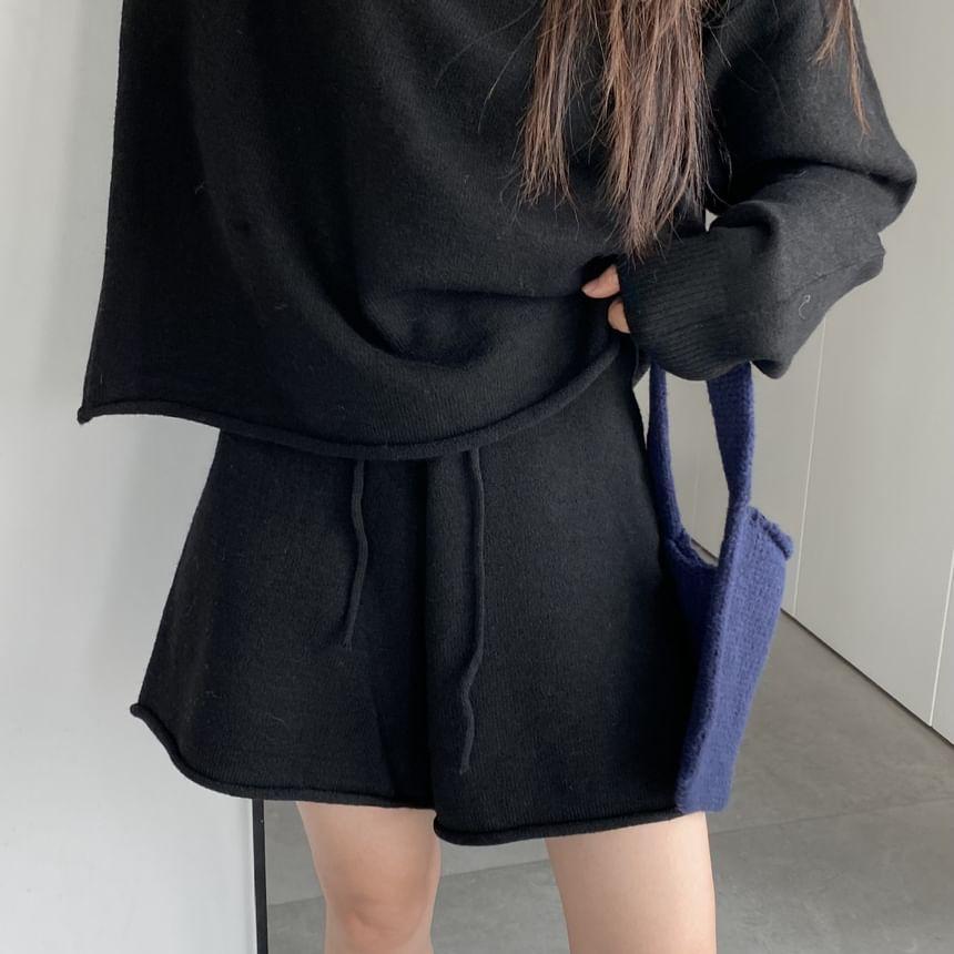 Set: Round Neck Plain Oversized Sweater + High Waist Shorts Product Image