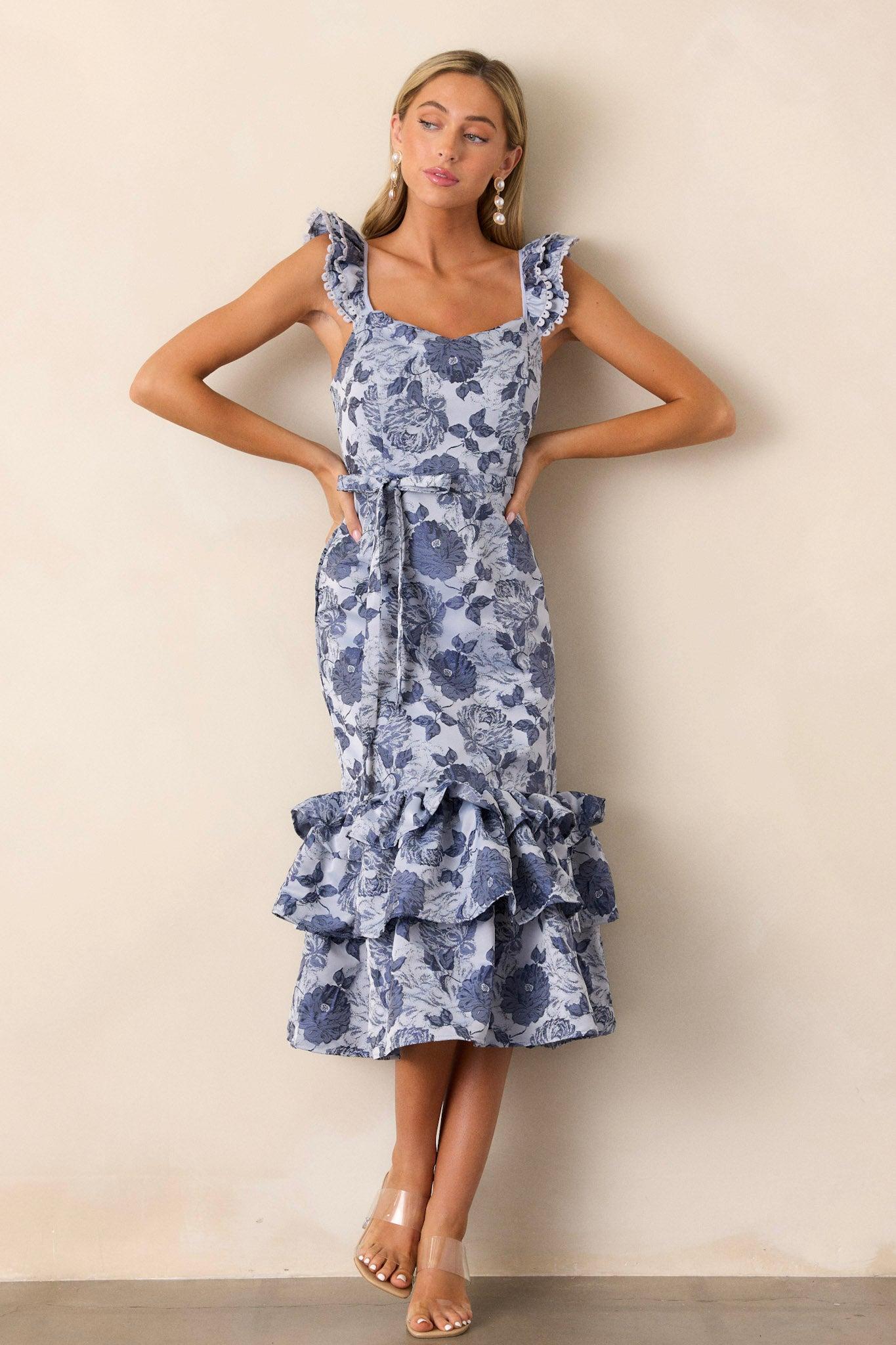 Start All Over Blue Floral Ruffle Midi Dress Product Image