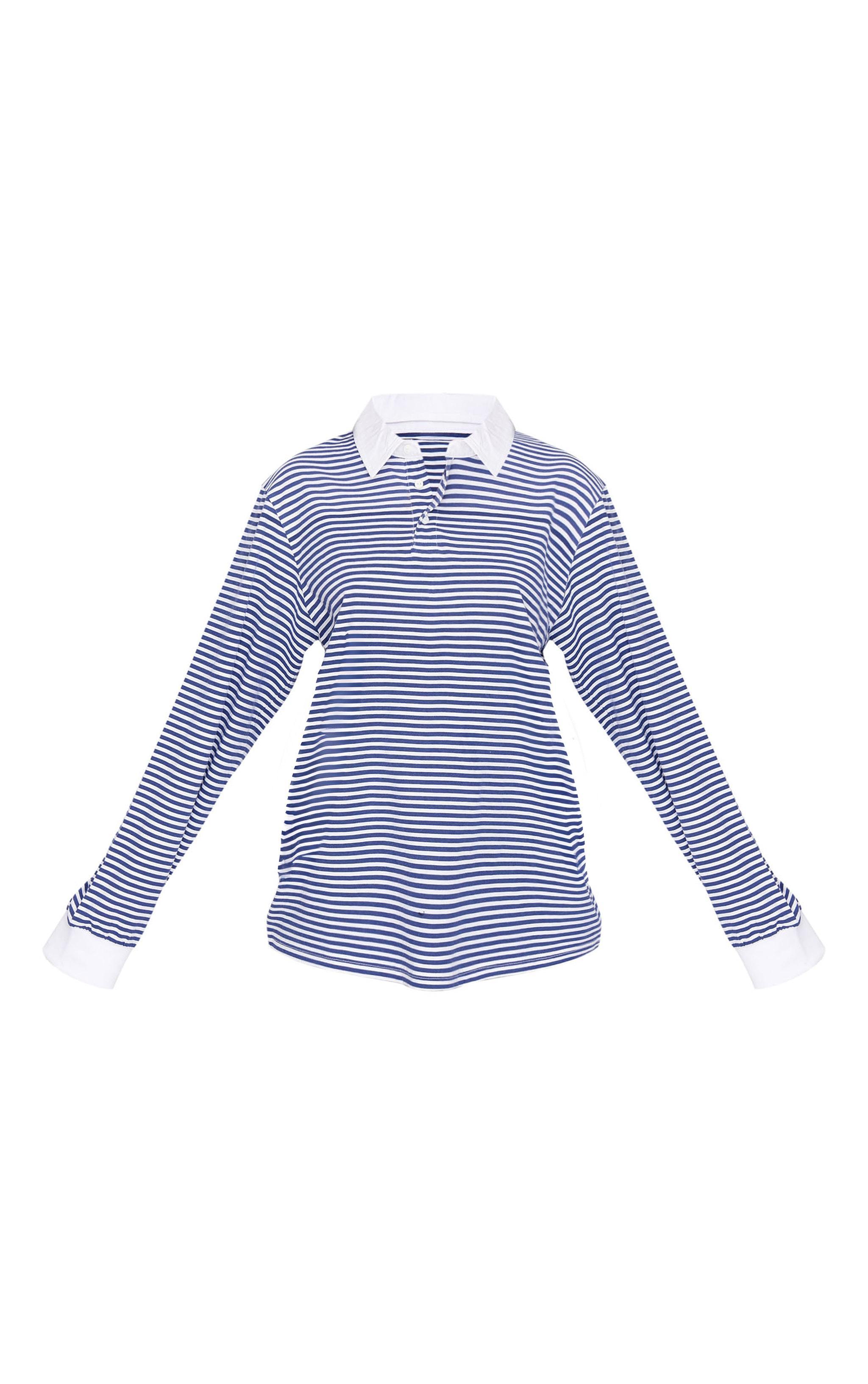 Navy Striped Collared Oversized Long Sleeve T Shirt Product Image