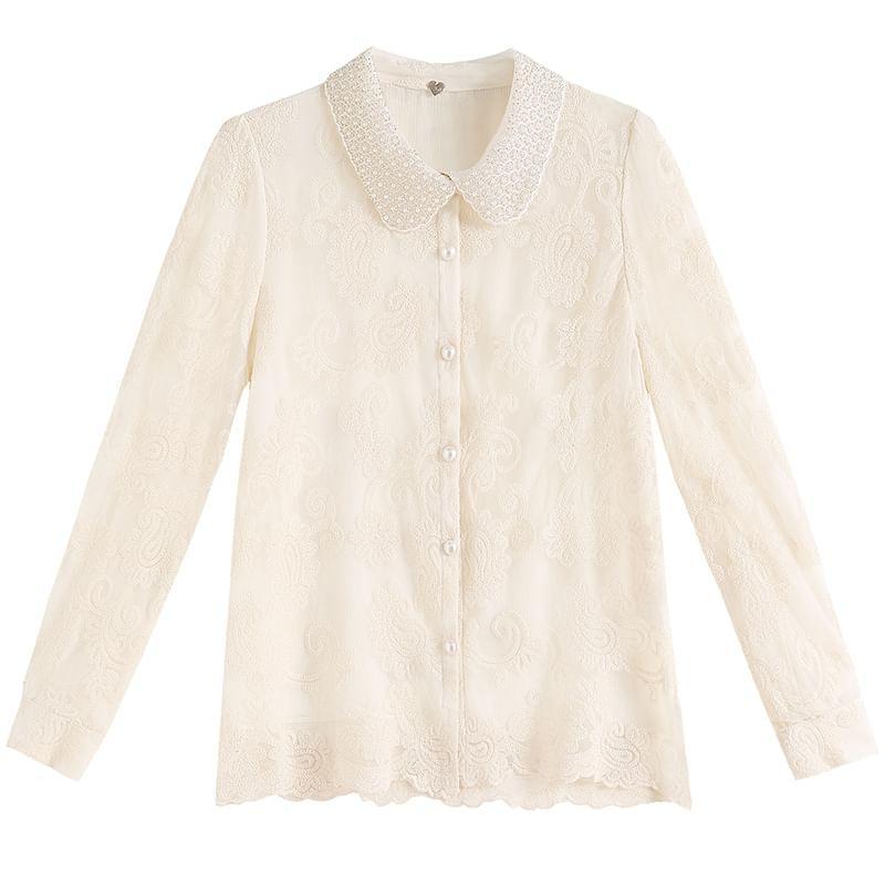 Long Sleeve Collared Paisley Embroidered Faux Pearl Button Blouse Product Image