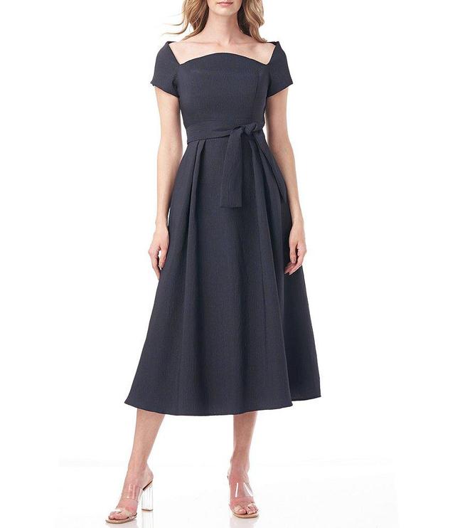 Kay Unger Tie Waist Cap Sleeve Pocketed Square Neck Pleated Midi Dress Product Image