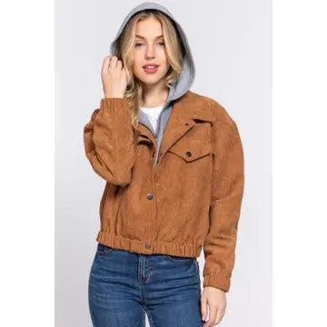 Camel Long Sleeve Inside Hoodie Corduroy Jacket Female Product Image